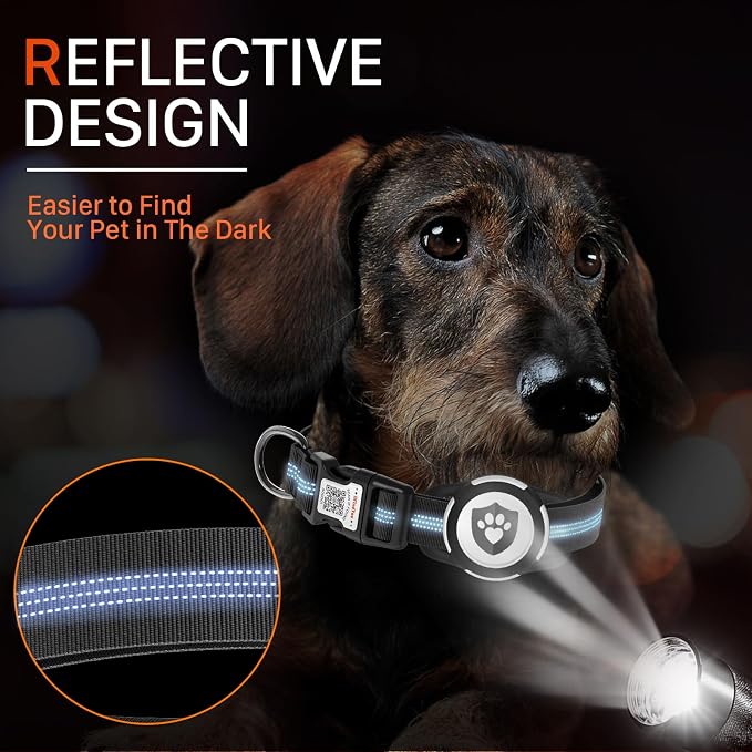 Waterproof AirTag Dog Collar with QR Code Dog Tag, Black XS | IP68 waterproof, QR code dog tag, Anti-Lost, Online profile, fits XS-L (8"-26"), Padded nylon, Reflective, No App, No Fees