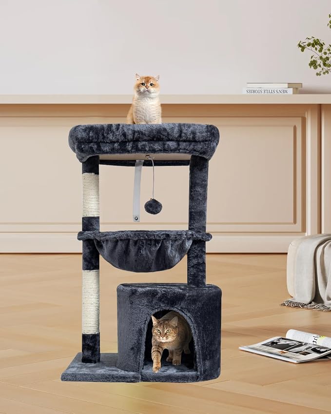 SYANDLVY Small Cat Tree for Indoor Cats, Cat Tower with Scratching Post | Modern Cat House with Padded Perch, Kittens Condo with Cradle, Smoky
