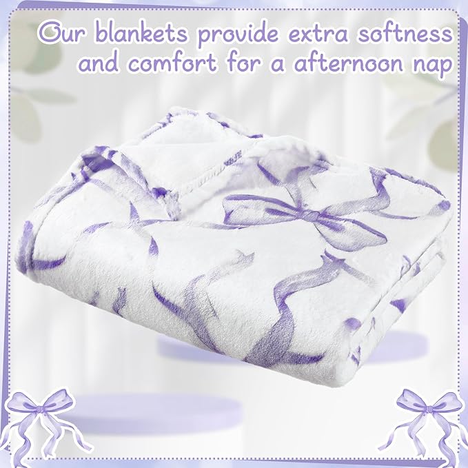 Purple Bow Throw Blanket 50"x60" Soft Flannel for Girls Women | Coquette Aesthetic Decor with Ruffled Edges, Ultra Plush Bed Sofa Blanket, Preppy Gift for Teens, Back to School Dorm Room