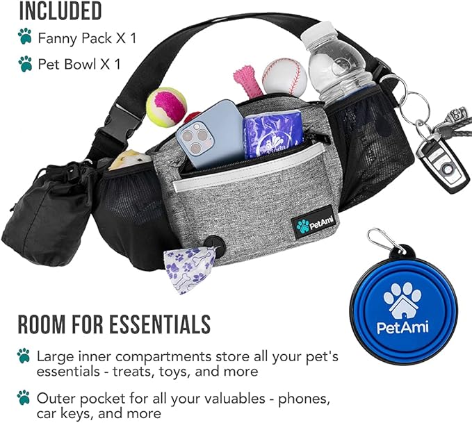 PetAmi Dog Fanny Pack, Treat Pouch for Dog Walking Training, Light Gray | Built in Poop Bag Dispenser, Water Bottle Holder, Collapsible Bowl, Pet Treat Waist Belt for Hiking Running Kibbles