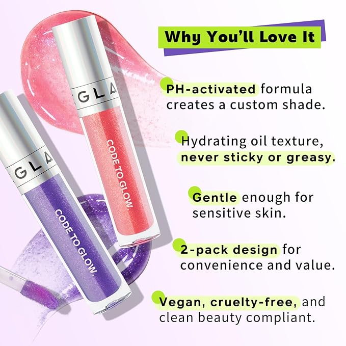 Glam Code Lip Gloss Set – Color-Changing Lip Gloss for Daily Glow – Glossy Lip Oil with Vitamin E & Shea Butter for Deep Hydration Lightweight, Non-Sticky & Sensitive Skin Friendly