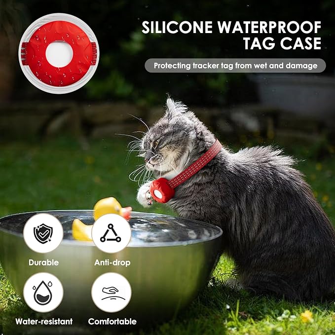 Cat GPS Tracker, Cat Tracker Compatible with Apple Find My App (Only iOS), No Monthly Fee, Waterproof, Breakaway Collar Included, Up to 1 Year Battery, Red