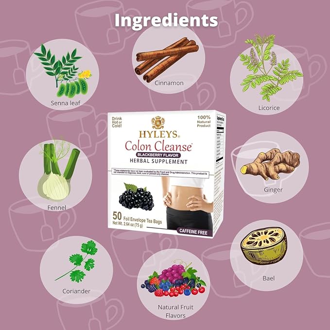 HYLEYS Colon Cleanse Tea, Blackberry Flavor - 50 Individually Wrapped Herbal Tea Bags - Caffeine Free, Gluten Free