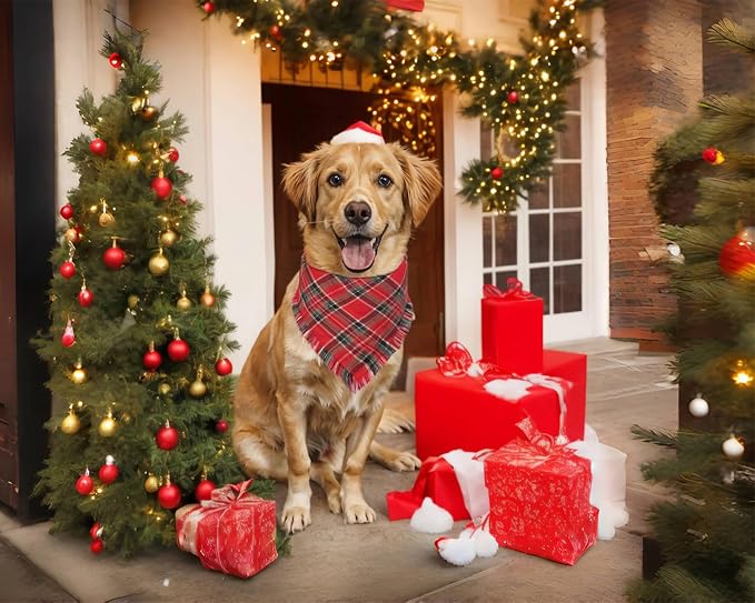 Christmas Dog Bandanas 2PCS-XLarge,Holiday Scarf Two-Sided with Tassels Edges,Stylish Triangle Dog Outfit for Boy and Girl,Winter Christmas Classic Red Green Plaid Pet Costume for Extra Large Dogs