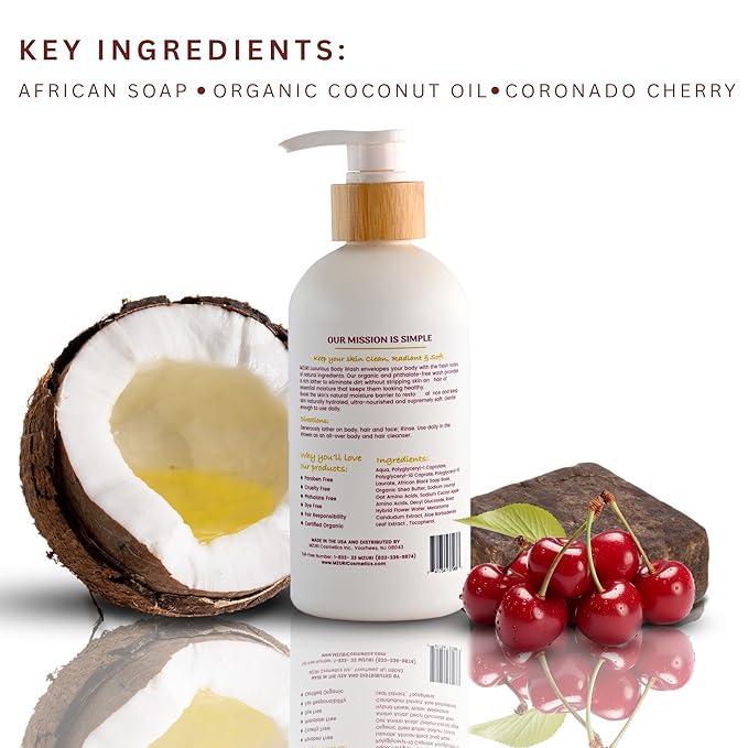 MZURI Body Wash, African Black Soap, Organic Coconut Oil, & Wild Coronado Cherry, Moisturizing, Hydrating, & Gentle Formula for Dry, Sensitive Skin, Shea Butter Luxury Body Wash - 16 Fl. Oz
