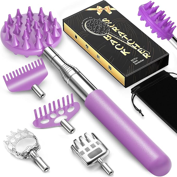 TUKUOS Telescoping Back Scratcher with 5 Detachable Scratching Heads, Valentines Day Gifts for Him Men, Anniversary Birthday Gifts for Men Women Back Scratcher for Men/Dad/Women/Adults - Purple