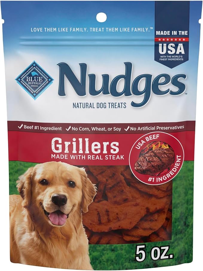 Blue Buffalo Nudges Grillers Steak Dog Treats, 5 oz | Real Beef First, Oven-Dried, Easy to Tear, For All Breed Sizes, No Artificial Preservatives