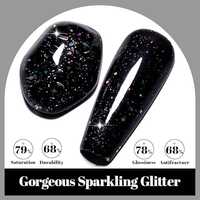 YTD Likomey Gel Nail Polish,15ml Colorful Black Glitter Nails Gel,Fall Winter Shiny Sparkly Salon Home DIY Manicure UV Color Varnish,HEMA Free TPO Free,SF441
