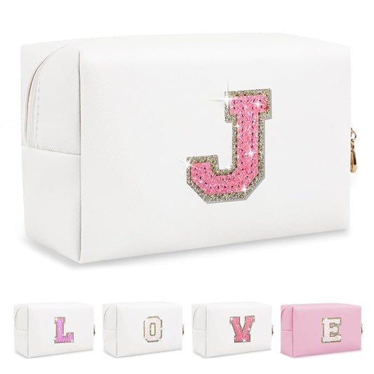 Small Initial Patch Makeup Bag Personalized Gifts Make Up Bag,White Cute PU Leather Glitter Letter Cosmetic Bag with Zipper,Trendy Portable Travel Toiletry Pouch,Preppy Stuff for Teen Girls Women J