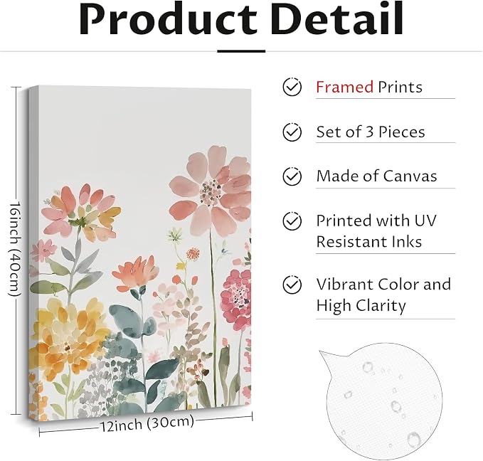 Watercolor Wildflower Wall Art Decor Colorful Flower Pictures Canvas Floral Botanical Wall Art Vintage Prints Poster Floral Painting Artwork for Living Room Bedroom 12x16 Inch Framed Set of 3