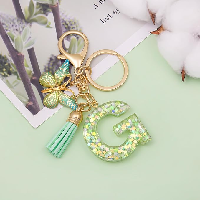 Fashion Alphabet Initial Letter Keychain Tassel Butterfly Pendant Key Ring for Purse Handbags Women Girl