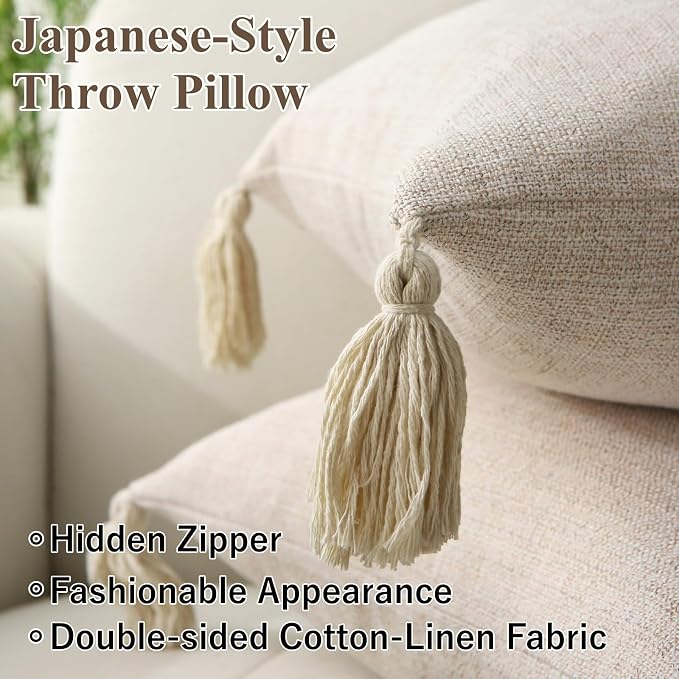 Decorative Throw Pillow with Tassels, 18x18 Farmhouse Pillows with Inserts, Square Boho Pillow for Couch, Patio, Bed, Sofa Decor (Light Beige, 18" x 18"(Pack of 2))