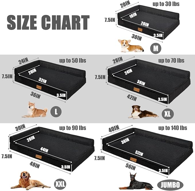 Patas Lague Orthopedic Large Dog Bed Washable Pet Sofa Bed 42''X28''Black | 2-Sided Bolster Egg-Crate Foam Dog Couch Large Sized Dogs, Waterproof Removable Washable Cover, Nonskid Bottom Pet Crate Mat