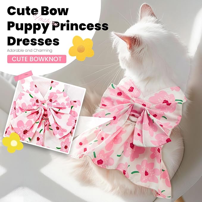 ABRRLO Cute Dog Dress Small Dog Clothes For Girls Female Puppy Outfit Pink Floral Pet Summer Clothes Bowknot Doggy Cat Princess Dress Harness Set for Holiday Birthday Party Costume Clothing (Pink,XXL)