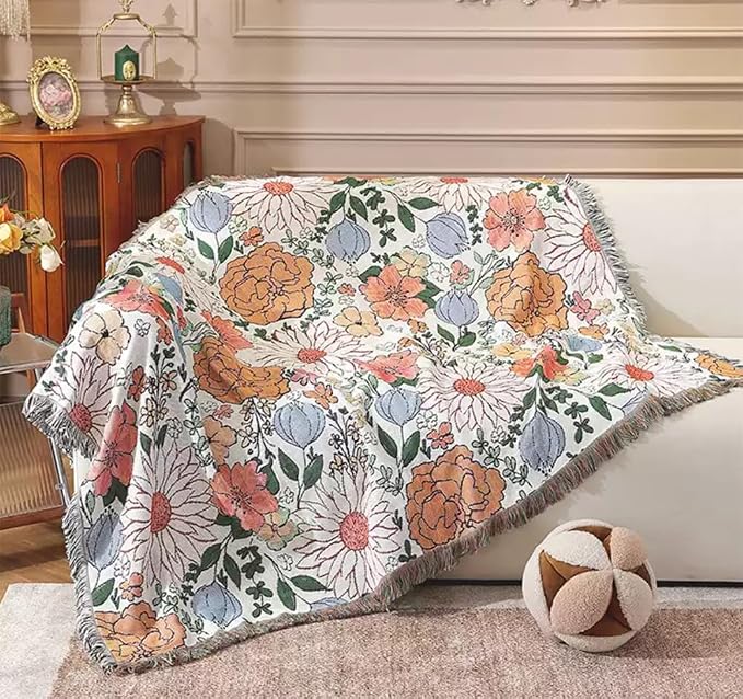 Homesy Boho Floral American Pastoral Southwest Throw Blanket 51"x63" | Southwest Decor,Modern Flower,Sofa Chair Cover,Outdoor Beach Car Tent Travel Camping Use,Tapestry,Reversible and Tassels