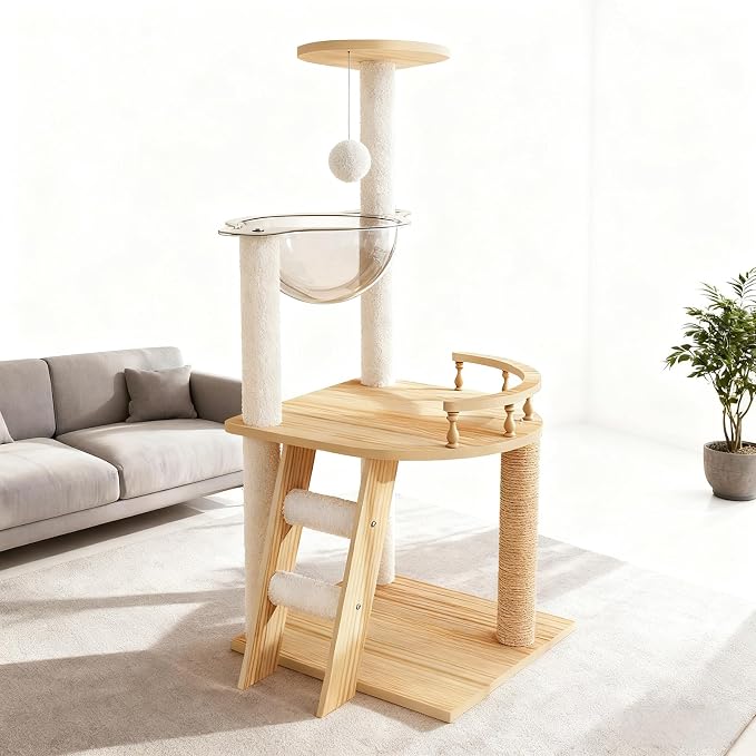 Cat Tree & Litter Box Enclosure,Modern All-in-one Indoor Cats Tower with Large Platform, Cat Condo with Wood House, Food Station, Hammocks (41.3”)