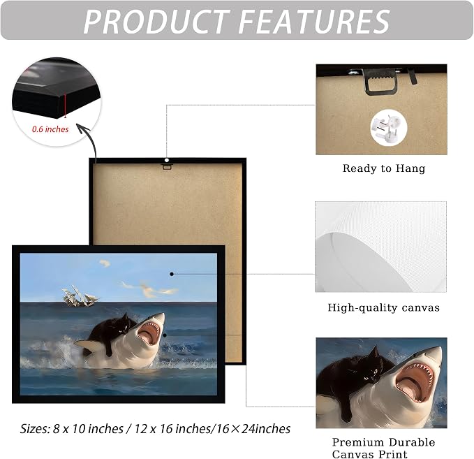 ICHZUMW Framed Funny Black Cat Biting Shark Ocean Canvas Wall Art 16x24 In | Quirky Cat Biting Shark Oil Painting, Humorous Bathroom Wall Decor, Bedroom Bar Man Cave Restroom Powder Room, Ready to Hang