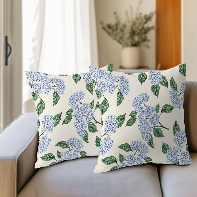 Square Blue Hydrangea Flower Pillow Covers 20x20 Inch Set of 2 Spring Blue Floral Cornflower Throw Pillow Cases Outdoor Linen Square Cushion Cover Farmhouse Decor for Bedroom Home Sofa Couch Bed