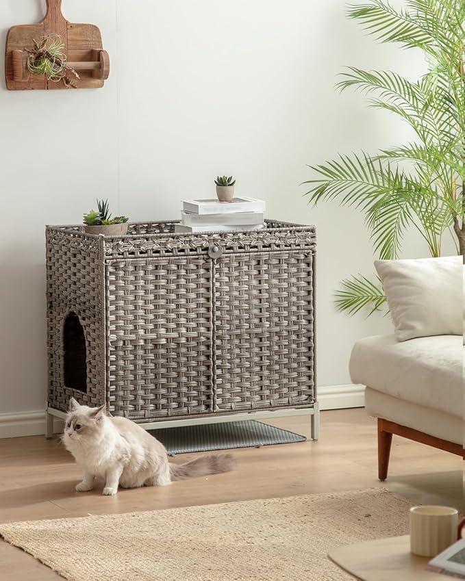 SETVSON Cat Litter Box Enclosure Furniture, Hidden Large Cat House, Gray | Handwoven PE Rattan with Litter Mat, Cat Washroom, Heightened Metal Feet, Double Doors for Easy Clean 30.3 x 18.3 x 28 In