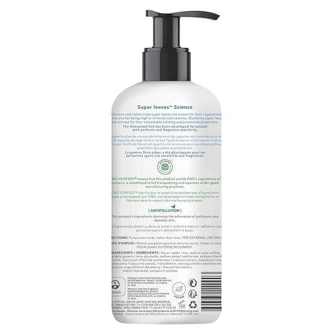 ATTITUDE Liquid Hand Soap, EWG Verified, Plant and Mineral-Based, Vegan Personal Care Products, Unscented, 16 Fl Oz (Pack of 2)