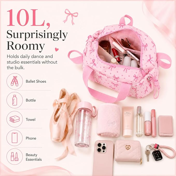 LOIDOU Aesthetic Dance Bag for Girls Corduroy Lightweight Bow Ballet Gymnastic Bag, Small Gym Bag for Women with Wet Dry Pocket, Cute Tote Bag Gifts for Birthday Christmas