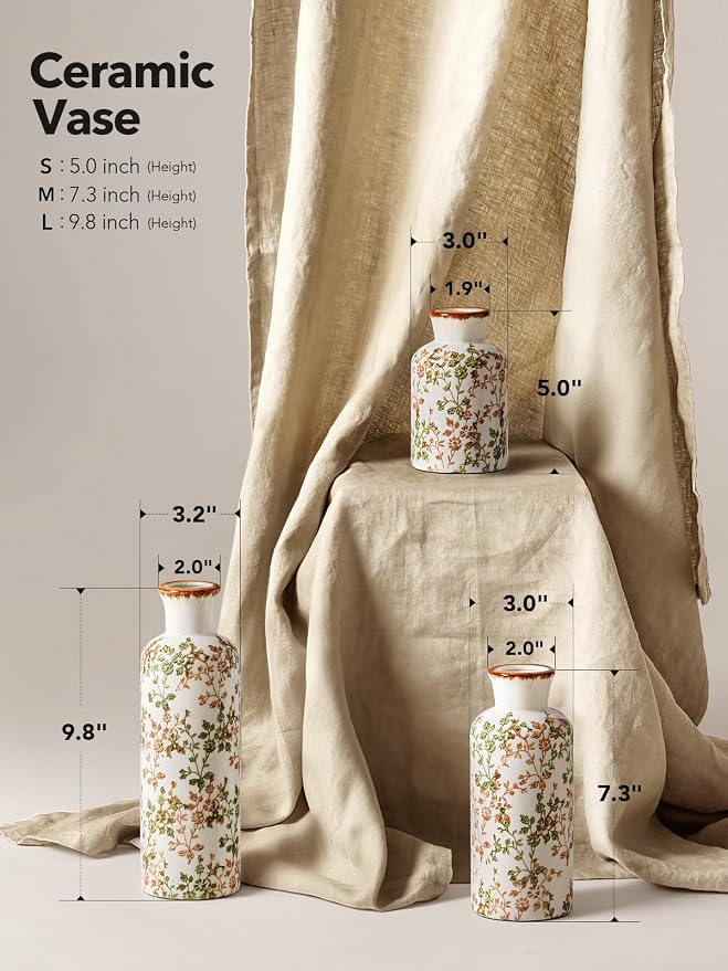 LE TAUCI Ceramic Vase Set of 3, Vintage Botanical Flower Vases for Fresh or Dried Flowers, Cottagecore Home Decor for Coffee Table, Mantel, Shelf, Entryway, Vine Green