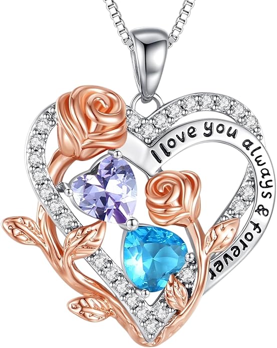 I Love You Birthstone Necklace, 925 Sterling Silver Heart Pendant with CZ Diamond Stones, Birthday Gifts for Women, Romantic Gift for Wife, Girlfriend, Her, Anniversary, Valentine's Day, Christmas