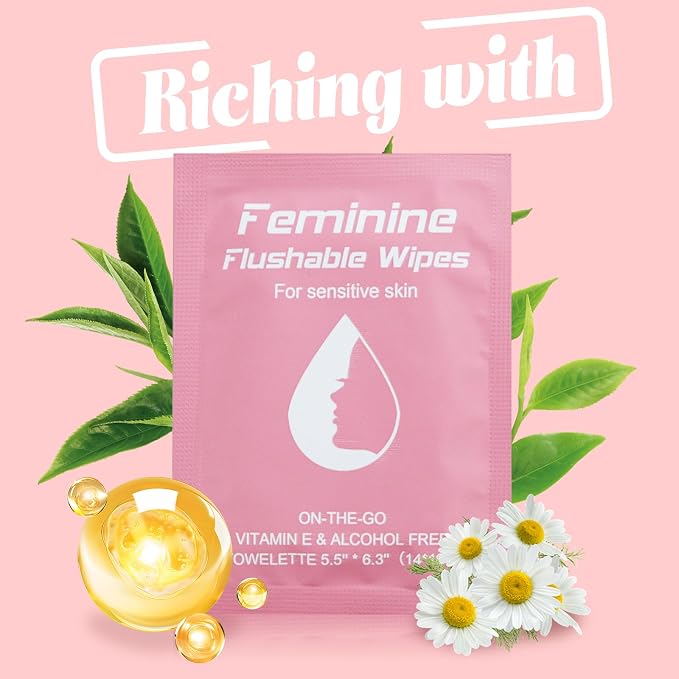 twoworld 200 Feminine Wipes Flushable Travel Individually Wrapped | Travel Wipes for Women,Feminine Care Wet Wipes Travel Size Vaginal Wipes for Adult,Girl and Homeless(Chamomile)