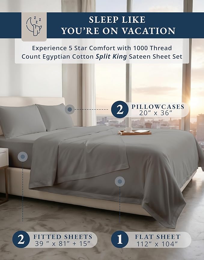 LANE LINEN 100% Egyptian Cotton Split King Sheets for Adjustable Beds - 1000 Thread Count, Soft & Comfy Sateen Weave Naturally Cooling Breathable Oeko Tex Certified Bed Sheets-Charcoal