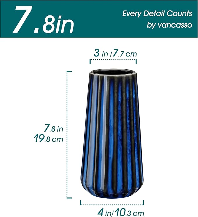 vancasso Ceramic Vase, 7.8 Inch Modern Ribbed Glossy Decorative Vase, Flower vase for Home Decor, Living Room, Bedroom, Office Decor, Blue