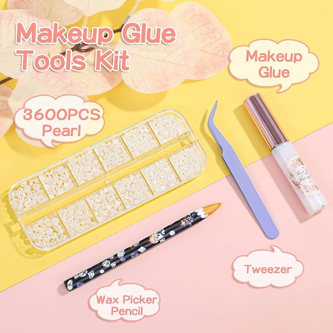 3600Pcs Face Gems Eye Pearls with SFX Makeup Glue Spirit Adhesive for Costume, Shynek Half Pearls Hair Rhinestone Beads Face Adhesive Makeup Flatback Gems for Nail Jewels Cosplay