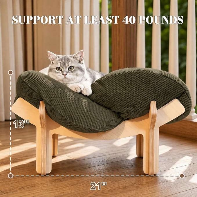 Elevated Flower Cat Bed Wooden Removable Cushion for Indoor Cats Small Dogs | Pet Couch Sofa with Fluffy Cushion, Raised Kitty Lounge Chair Suitable for Puppy, Modern Cat Furniture (Green)