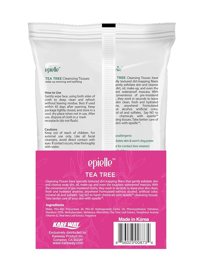 Epielle Tea Tree Makeup Remover Wipes, Gentle Daily Facial Cleanser Towelettes, Remove Dirt, Oil & Waterproof Mascara, Stocking Stuffers, 60 Count (Pack of 2)
