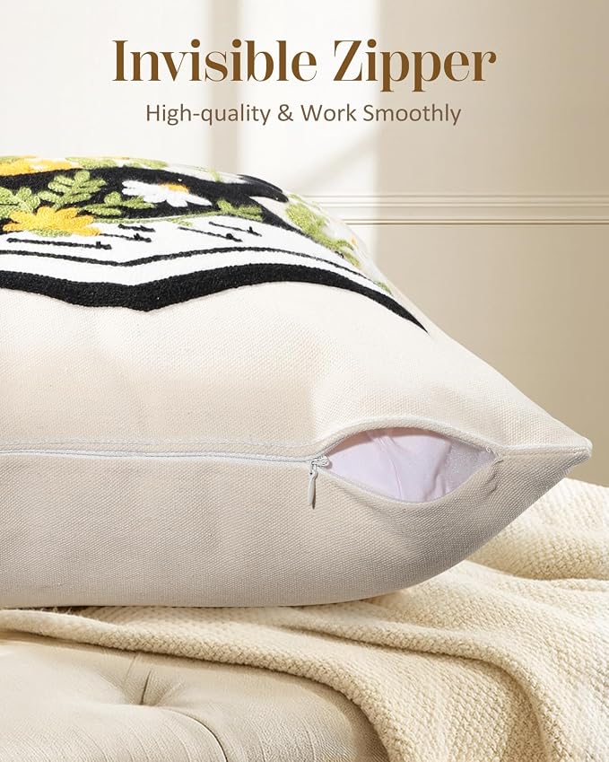 Animal Embroidered Lumbar Pillow Cover 20x12 Inch, Cat Floral | Decorative Throw Pillow Cover, Farmhouse Cushion Cases with Hidden Zipper, Cottagecore Decor for Couch, Sofa, Bedroom