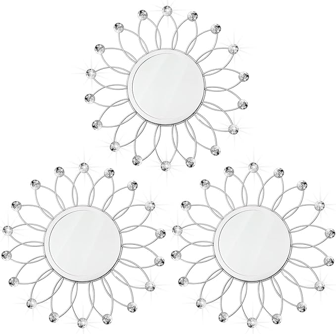 3 Pack Metal Mirrors for Wall Sunburst Wall Mirrors Home Décor Decorative Hanging Wall Art for Living Room Bedroom Entryway (Silver Crystal, Flowers)