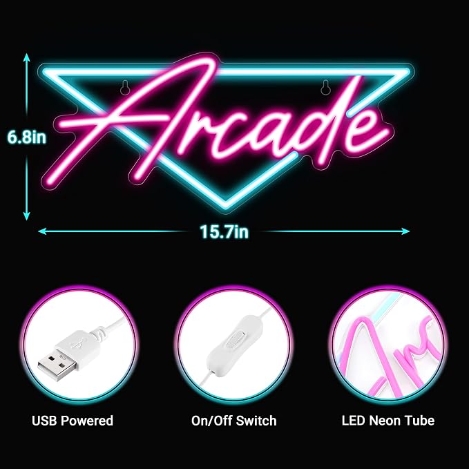 Kavaas Arcade Neon Sign, LED Arcade Signs for Arcade Room Decor | Retro Neon Sign for Boys Bedroom, Gaming Wall decor - Best Arcade Gifts for Teenage Boys, Christmas