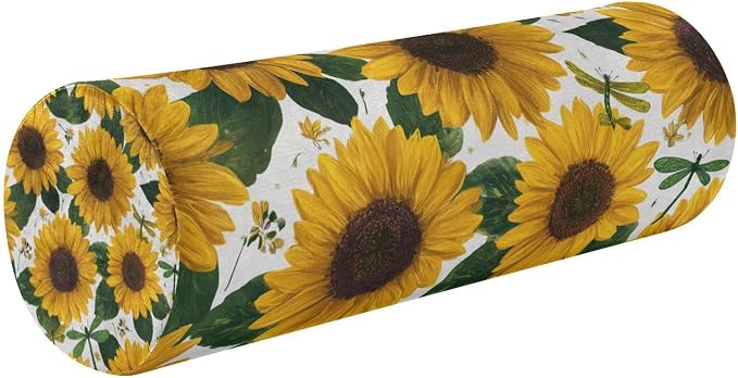 Sunflowers and Green Dragonflies Neck Roll Pillow Bolster Round Health Memory Foam Long Cervical Cylinder Pillows with Removable Washable Cover for Body Bed Legs Back Yoga