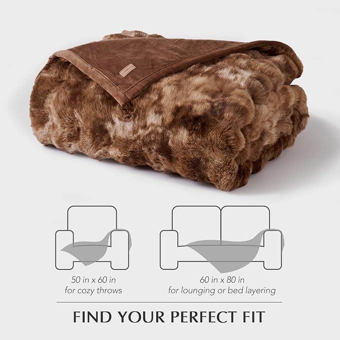 Faux Rabbit Fur Bubble Throw Blanket, 60"x80", Lion Caramel | Ultra Soft, Luxury Faux Rabbit Fur Throw, Thick Warm Bubble Blanket, Cozy Fluffy Reversible, for Bed, Couch, Chair, Sofa