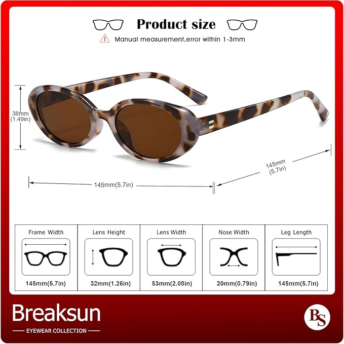 Breaksun Retro Oval Sunglasses for Women Men Fashion Small Oval Sunglasses 90s Vintage Shades