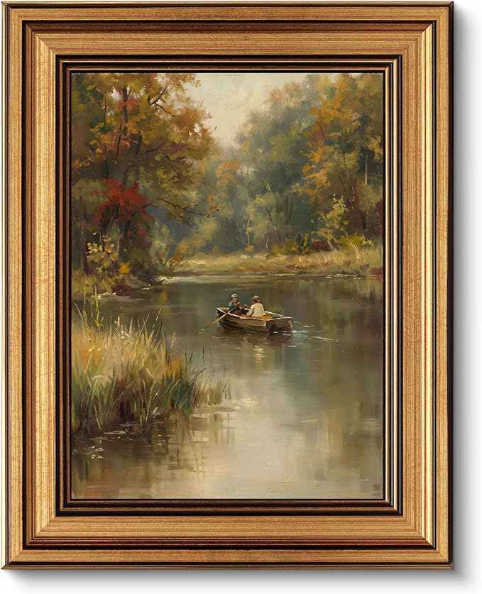 Gold Framed Wall Art, Country Fisherman Canvas Prints, Vintage Rowboat River Fall Landscape Picture Wall Decor, Rustic Farmhouse Cottagecore Artwork for Living Room Bedroom 12x16 inch