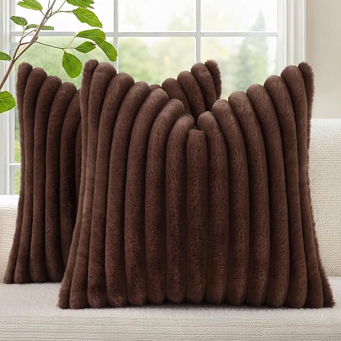 decorUhome Fall Faux Fur Throw Pillow Covers 16x16 Set of 2 Dark Brown | Decorative Soft Cozy Striped Plush Modern Farmhouse Boho Couch Pillow Cases Velvet Back for Sofa Bed Living Room Home Decor
