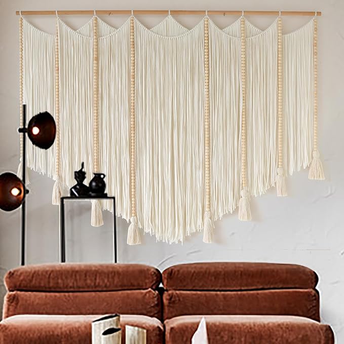 Jakalin Macrame Wall Hanging White Beads Yarn Art Boho Home Decor 57"x43" | Boho Wall Decor for Living Room,Bedroom,Nursery,Handwoven Tassel,Macrame Wall Art Cotton Craftsmanship Texture Wall Decor
