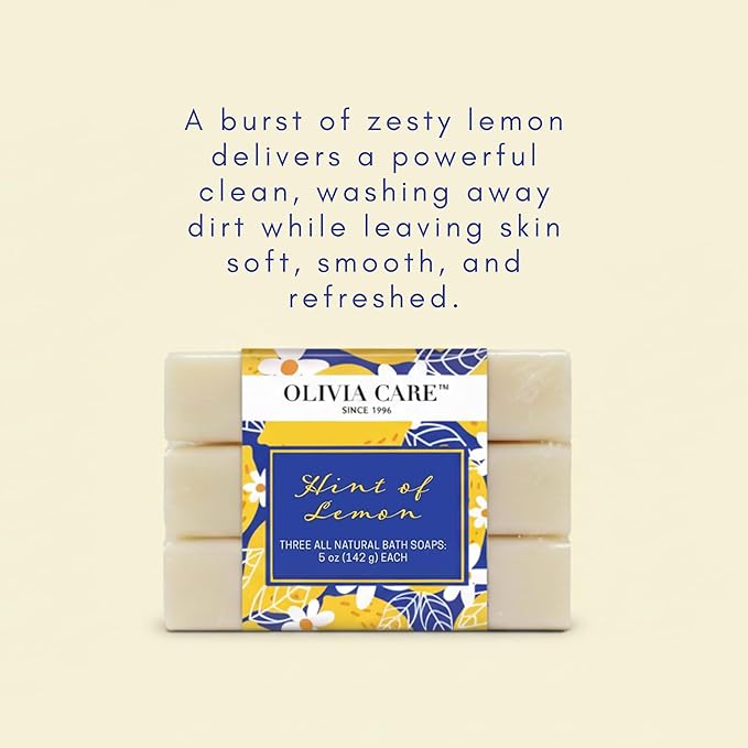 Olivia Care Lemon Bar Soap 3 Pack Natural, Organic - Infused with Citrus Lemon Essential Oil - Clean Energize Mind Body - Moisturize, Hydrate - Makes Skin Soft & Silky - 3 X 5 OZ