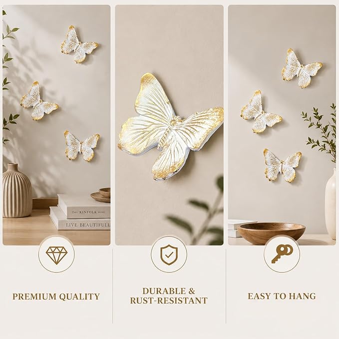 GUSFREUD 3D Butterfly Wall Decor Set – Resin Wall Decor for Living Room, Bedroom, Bathroom, Dining Room, Outdoor and Gallery Walls - Ivory Gold - Set of 3