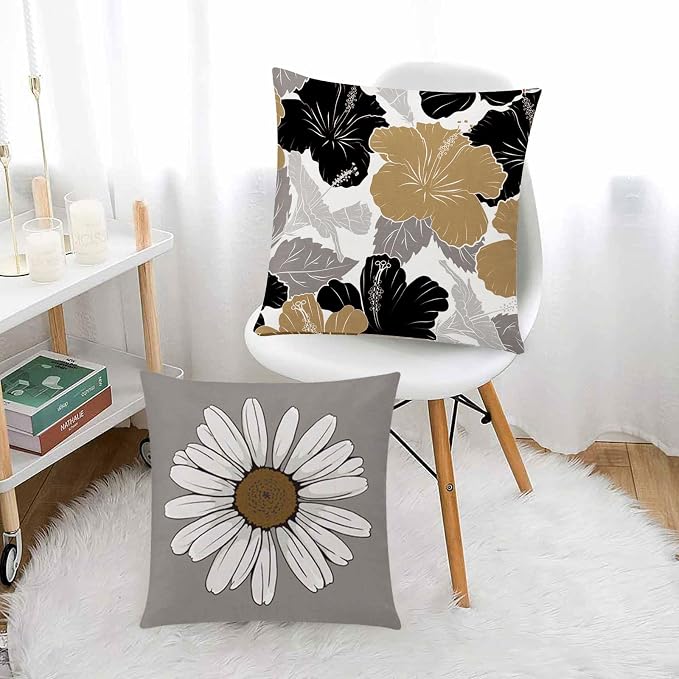 Brown Black Throw Pillow Covers 20x20 Set of 6, Neutral Floral Home Decor | Rustic Floral, decorative cushion cover, Breathable Linen, Large Throw Pillow Size, Spring Decor, Couch Sofa Living Room