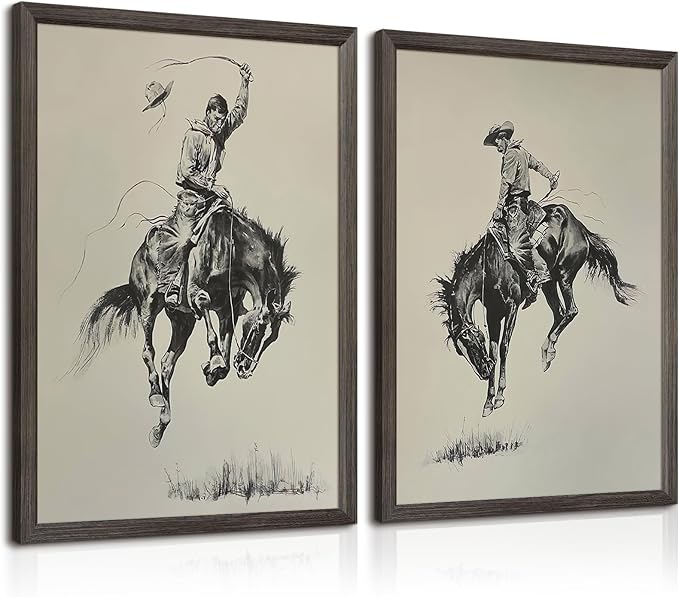 Western Cowboy Wall Art Decor Vintage Farmhouse Prints Western Cowboy Canvas Poster Retro Southwestern Wall Art Antique West Pictures Vintage Painting for Bathroom Bedroom 16x24x2 Inch Framed