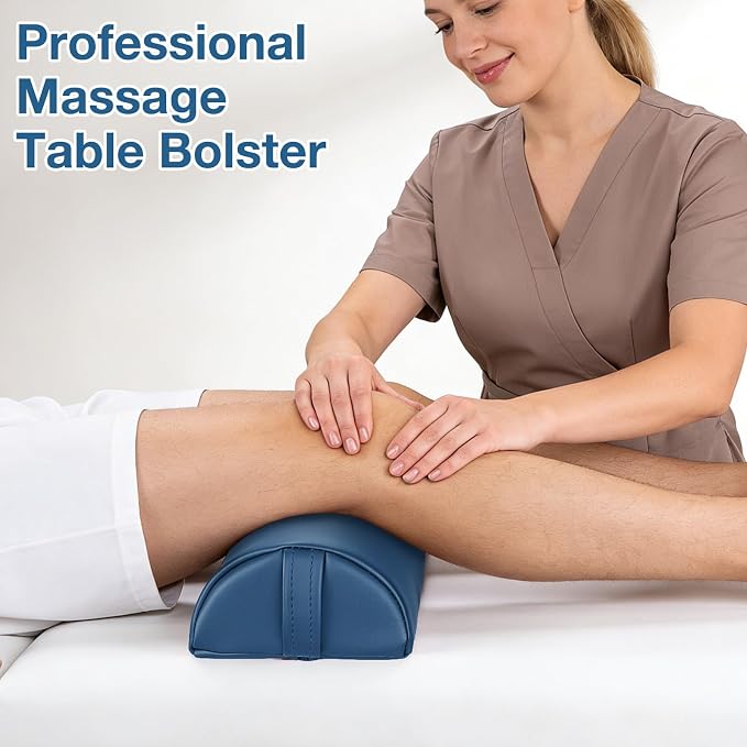 Semi-Round Massage Bolster, 21 x 6 x 3 in PU Leather Half Moon Lower Back Support Pillow Comfort Cushion for Massage Table, Positioning Bolster Neck Pad for Ankle Leg Pain Relief Side Sleeper - Blue