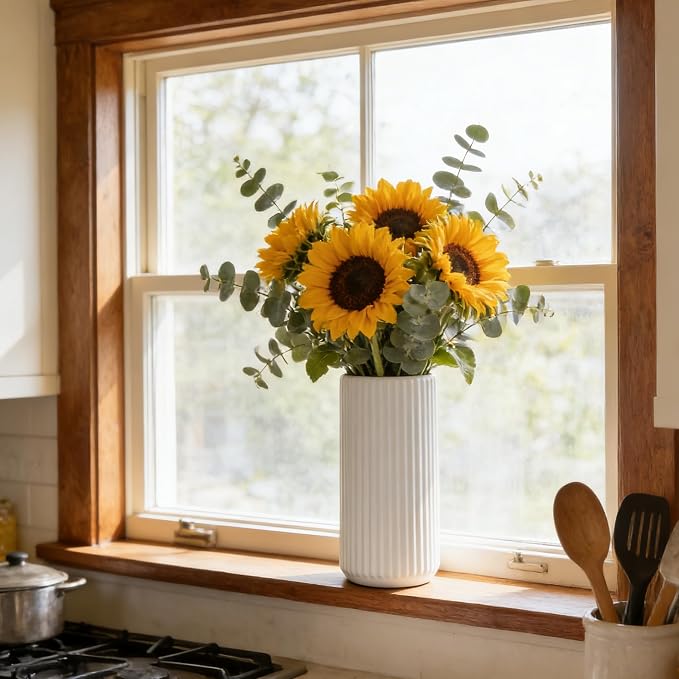 White Ceramic Flower Vase for Pampas Grass, 10 inch Large Decorative Centerpiece Ribbed Vase for Dining Table, Office Desktop, Shelf Bookshelf, Mantel, Entryway, Bathroom, Countertop, Farmhouse, Gift