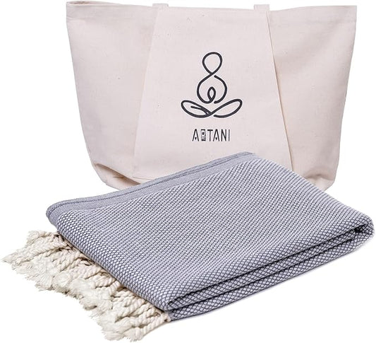 ATANI 69x35 in Oversized Turkish Beach Towel Set with Tote Bag – Quick-Dry 100% Turkish Cotton Peshtemal, Sand-Resistant, Lightweight for Shower, Travel, Pool, Yoga (Grey)