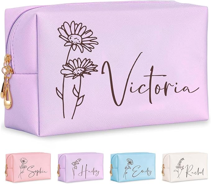 Personalized Makeup Bag with Name & Birth Flower, Custom Leather Cosmetic Bags for Women, Customized Travel Toiletry Bag Gifts for Bridesmaid Wedding